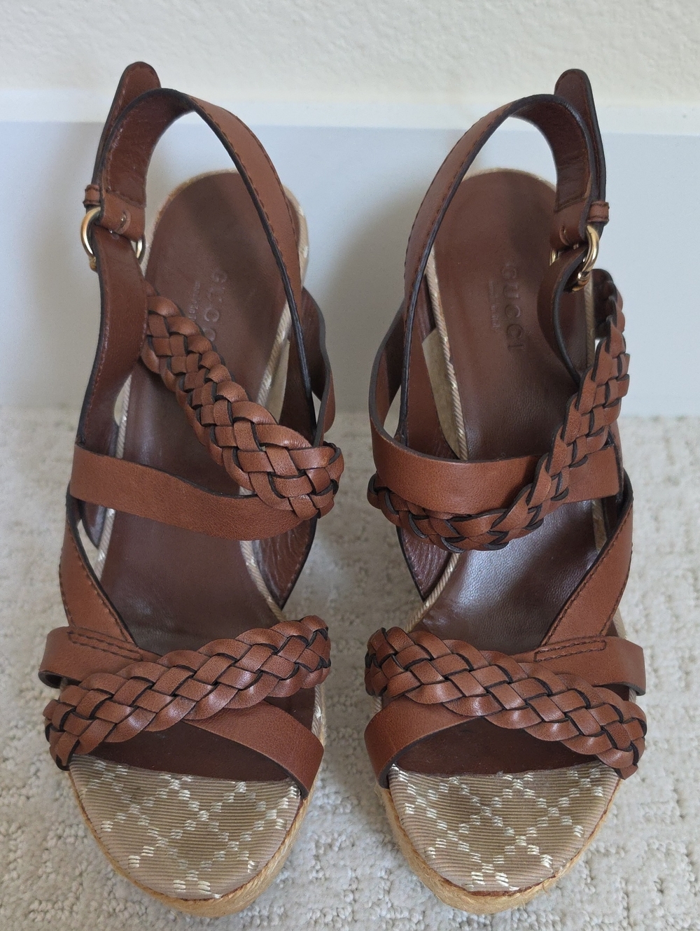 Gucci Brown Braided Leather Wedge Sandals